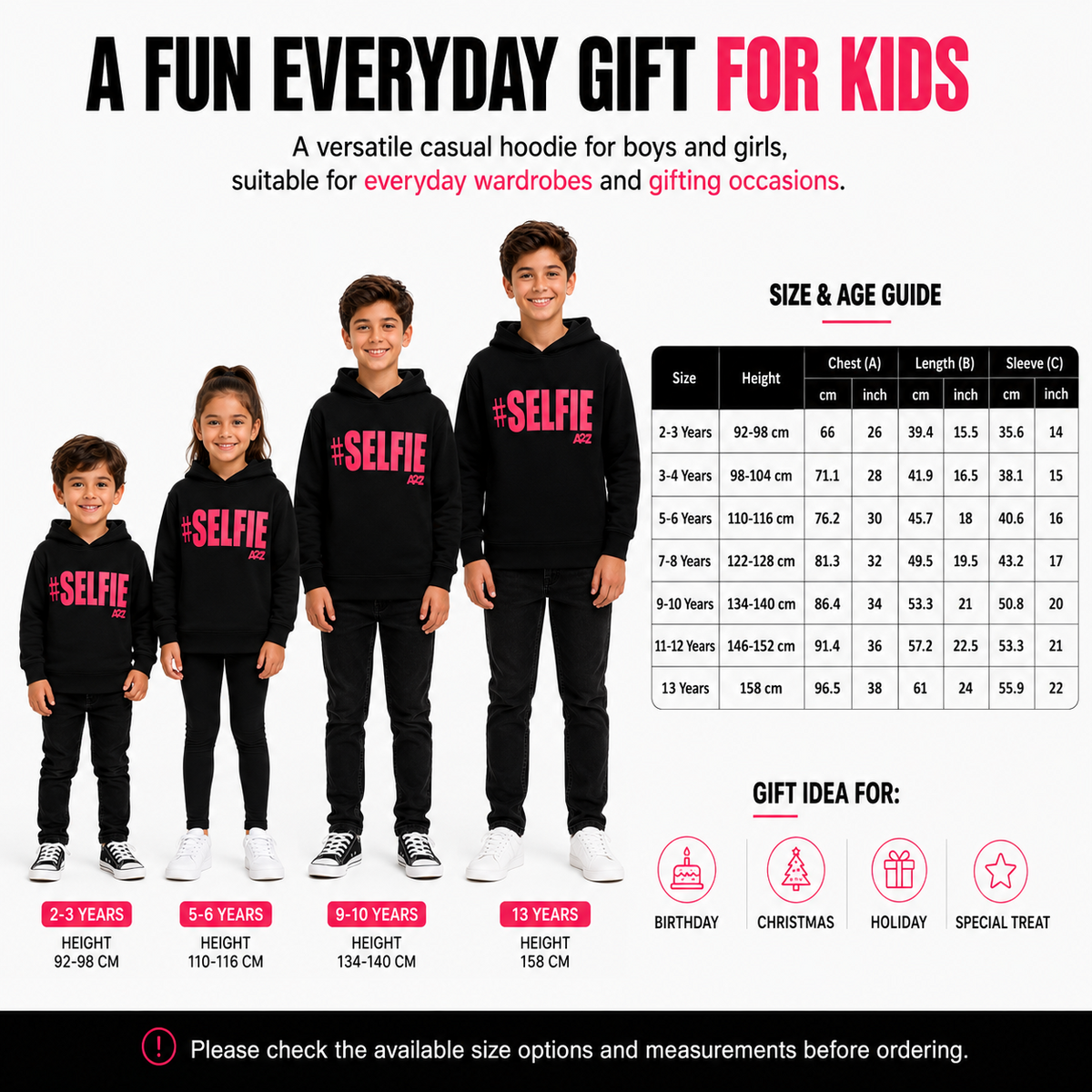 Kids Girls Boys Sweat Shirts Tops #Selfie Hooded Jumpers Hoodies New Age 2-13 Yr