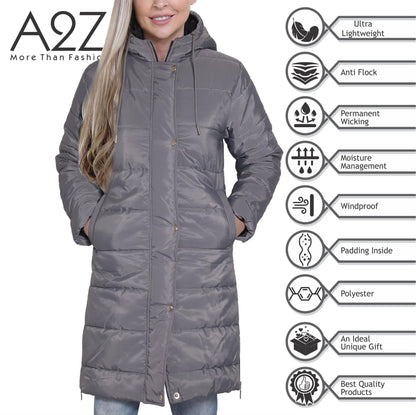 Ladies Adults Long Sleeve Oversized Steel Grey Hooded Quilted Padded Coat Jacket