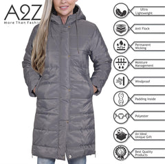 Ladies Adults Long Sleeve Oversized Steel Grey Hooded Quilted Padded Coat Jacket
