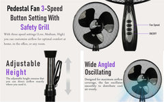 A2Z Pedestal Fan 16 Inch 3-Speed Setting Tilt Angled Oscillating Living Room Fan