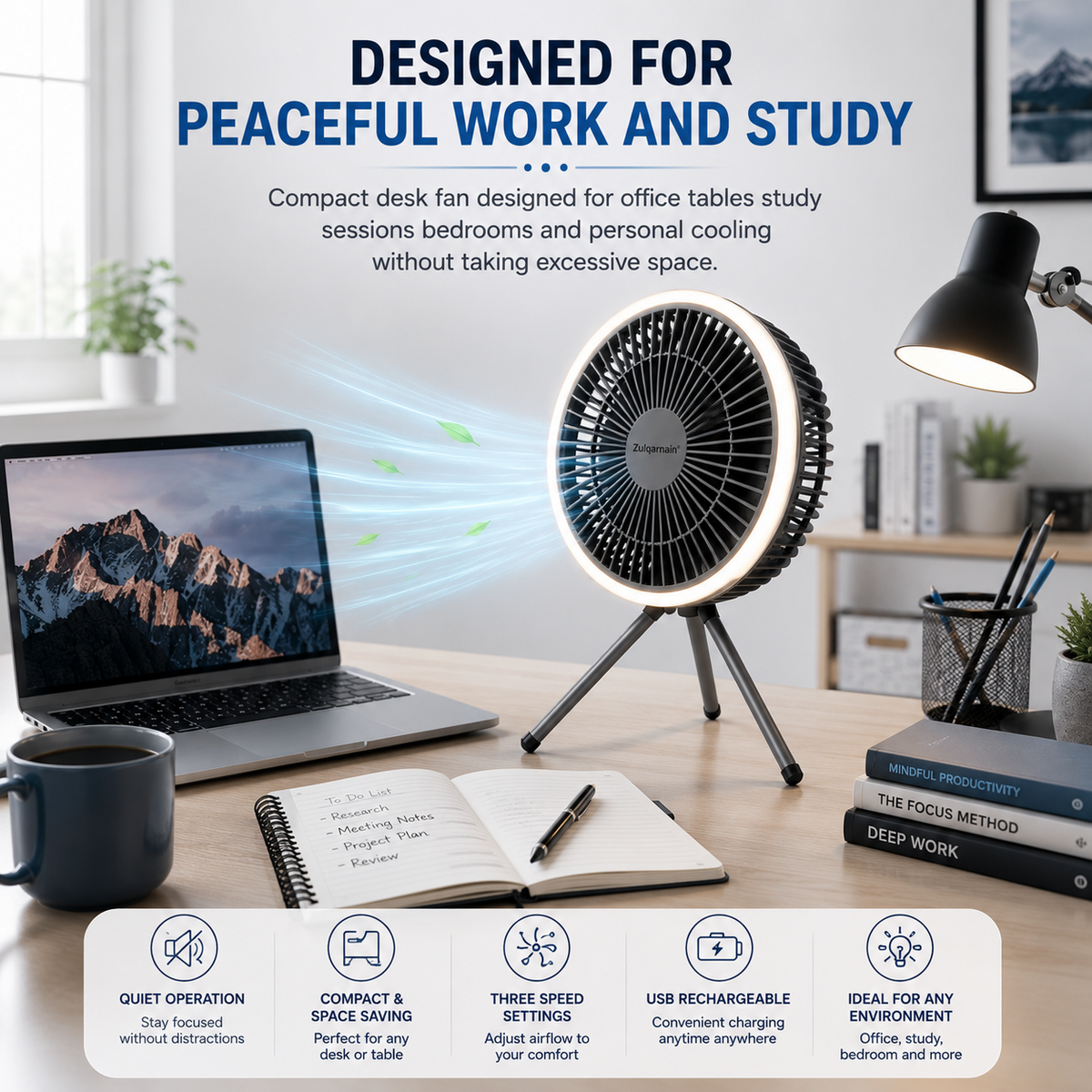 7 Inch USB Desk Fan with LED Light Portable Tripod Stand 3 Speeds Camping Fan