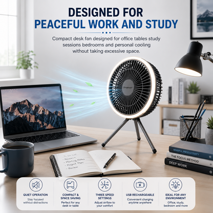 7 Inch USB Desk Fan with LED Light Portable Tripod Stand 3 Speeds Camping Fan