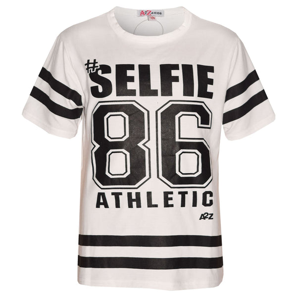 Girls Top Kids Designer's #Selfie 86 Athletic Print Fashion T Shirt Top 7-13 Yr
