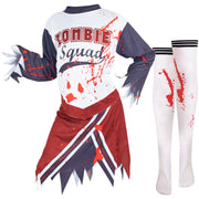 A2Z 4 Kids Girls Zombie Cheerleader Halloween Attire Top Shredded Sleeves Long Bloody Socks Cheerleading Pom Poms Outfit Halloween Parties and Trick or Treating - A2Z 4 Kids