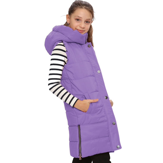 A2Z Kids Girls Down Vest Fashion Oversized Lilac Hooded Quilted Gilet Padded Long Line Vest Jacket Long Sleeveless Coat Urban Winter Wear