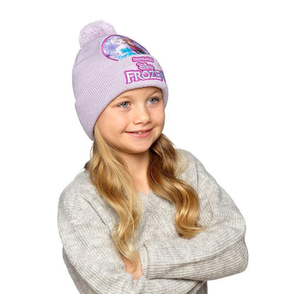 Disney Frozen Girls Lilac Blue Embroidered Pom Pom Winter Beanie Hats 2 Pack