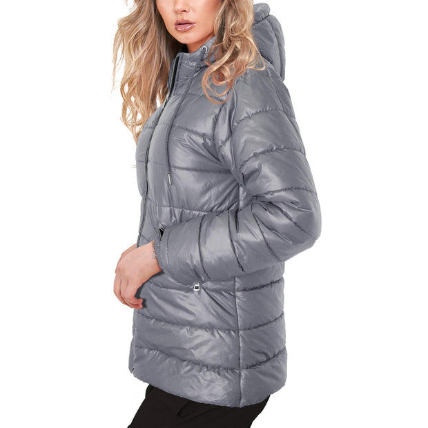 A2Z Mens Ladies Hooded Silver Zipped Puffer Jacket Steel Grey Padded Long Sleeves Jacket Fashion Coat Gift For Adults S-XXL