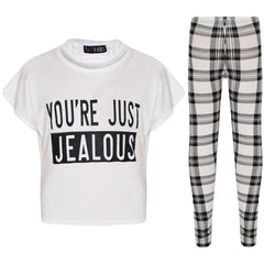 Girls Tops Kids Designer You 're Just Jealous Print Crop Top & Legging Set 7-13Y