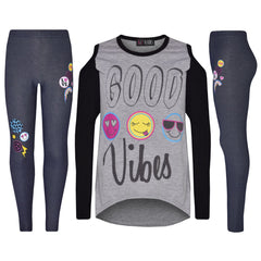 Girls Top Kids Good Vibes & Emojis Print T Shirt Tops & Jegging Set 7-13 Years