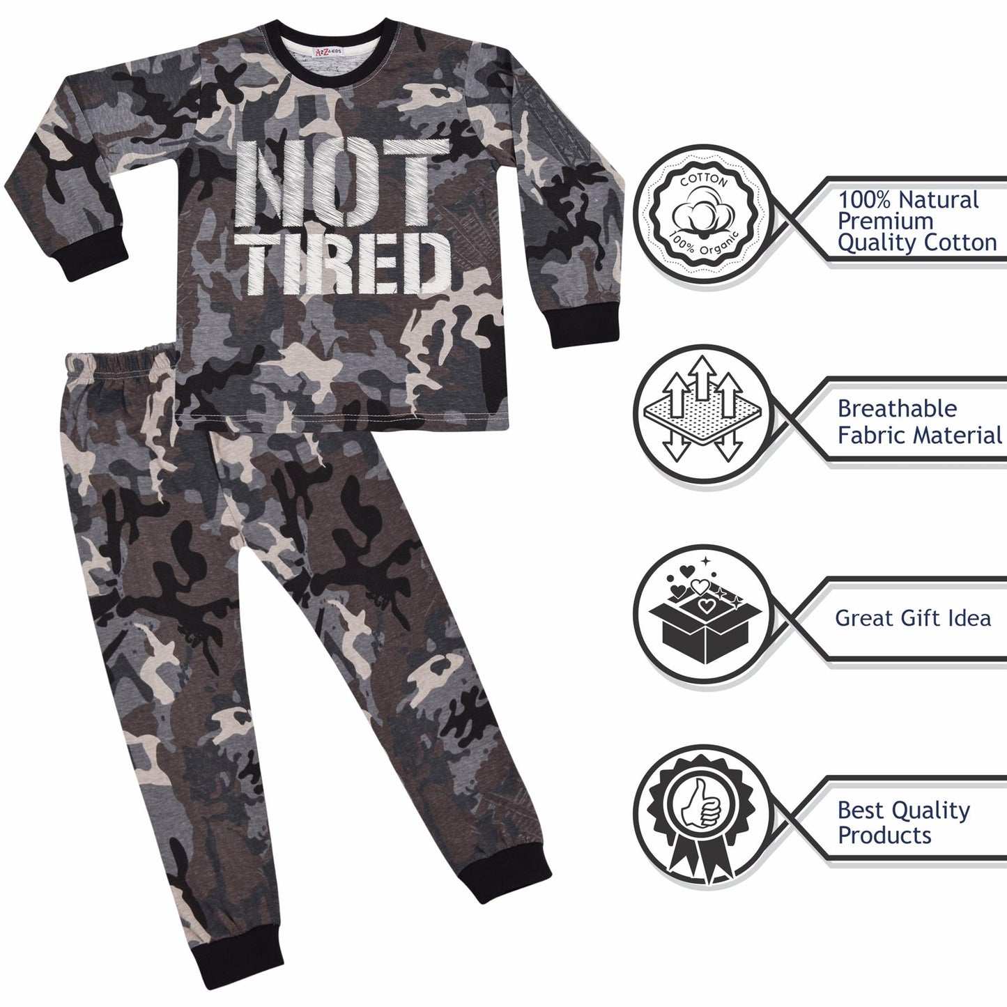 Kids Unisex Camo Green Print Pyjamas Children PJs Loungewear Age 2-13