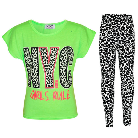 Kids Girls NYC GIRLS RULE Printed Trendy Top & Fashion Legging Set 7-13 Years