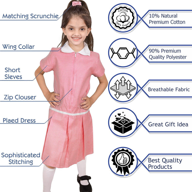 Kids Girls 2 Pack Uniform School Zip Up Gingham Dress With Matching Scrunchies - A2Z 4 Kids