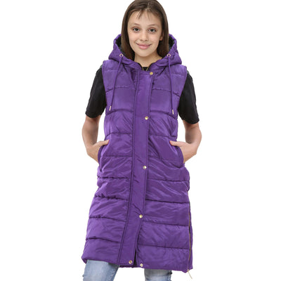 A2Z Kids Girls Fashion Oversized Hooded Quilted Gilet Purple Color Padded Long Line Vest Jacket Long Sleeveless Coat Urban Winter Wear Coat 7-13 Years