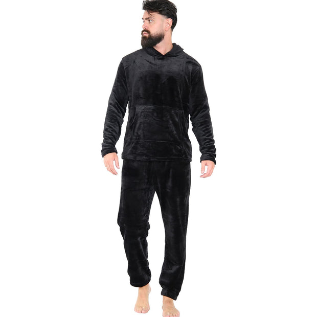 Mens Pyjamas Soft Warm Fleece Adults Hooded Pyjamas 2 Piece Gift Set For Mens
