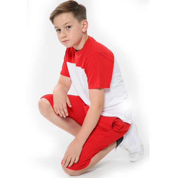 A2Z 4 Kids Two Colour Block Contrast Panel Red Top & Shorts Set Short Sleeves T Shirt Summer Outfit 2 Piece Activewear Girls Boys Age 5-13 Years