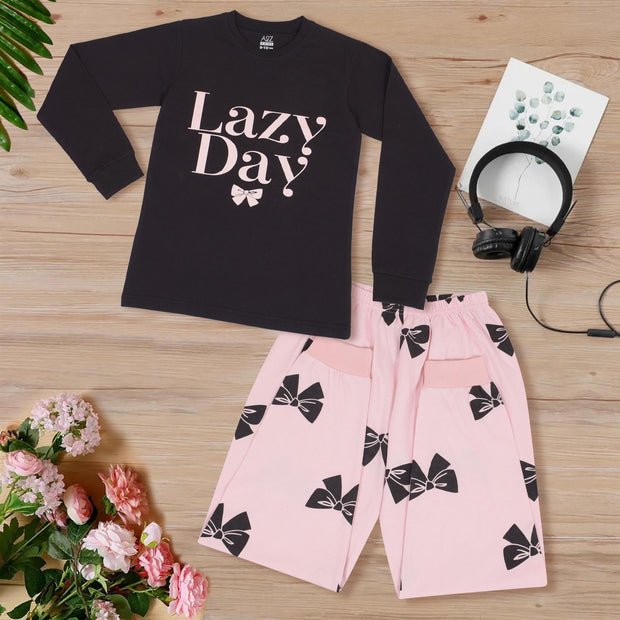 A2Z 4 Kids Girls Pyjamas Children PJs 2 Piece Set Lazy Day Print Black Lounge Suit for Children Top Bottom Pyjamas Loungewear Gifts Age 2-3, 3-4, 5-6, 7-8, 9-10, 11-12 & 13 Years - A2Z 4 Kids