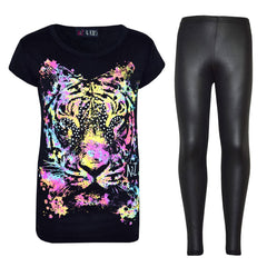 Kids Girls Multi Tiger Print Trendy T Shirt Top & Fashion Legging Set 7-13 Year