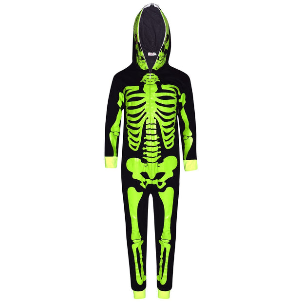 Kids Girls Boys Skeleton Print Pyjama Onesie Neon Green All In One Halloween Costume - A2Z 4 Kids