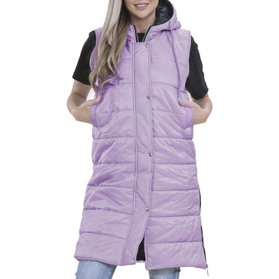 A2Z Ladies Down Vest Oversized Hooded Silver Zipped Quilted Gilet Padded Long Line Vest Lilac Jacket Long Sleeveless Fashion Coat S/M/L/XL/XXL/3XL/4XL