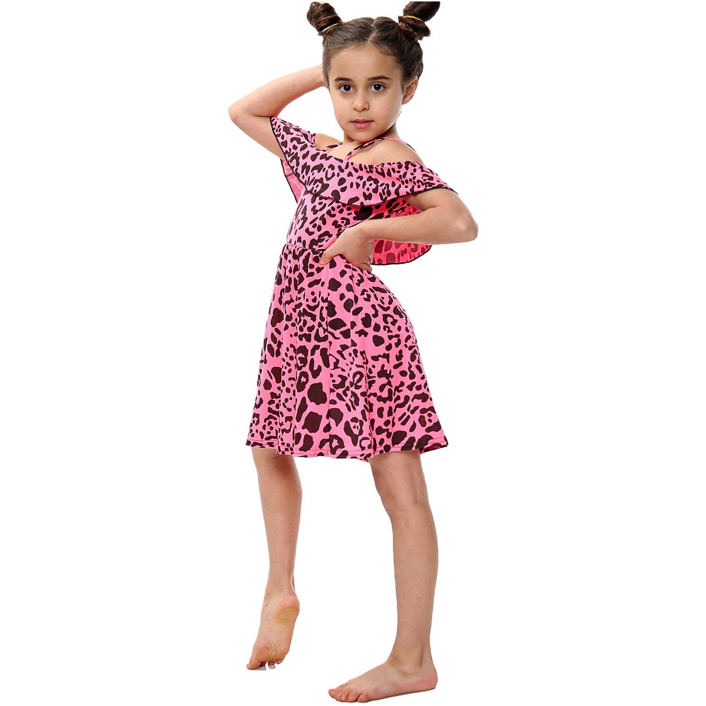 Kids Girls Skater Dress Leopard Print Summer Party Off Shoulder Dress 5-13 Years