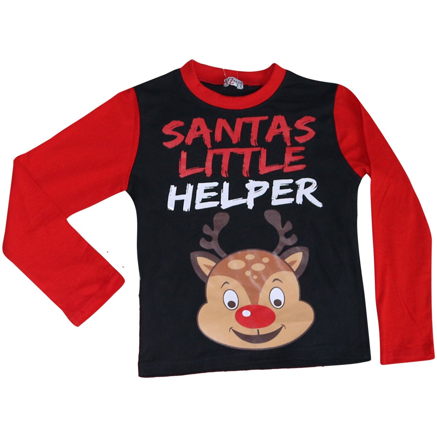 Kids Girls Boys Pyjamas Santas Little Helper Reindeer Contrast Sleeves Xmas PJS