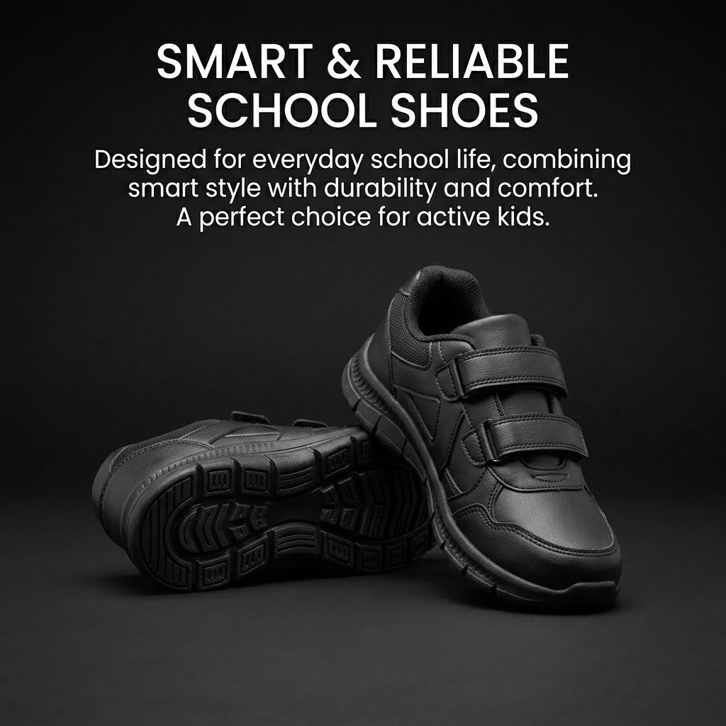 Kids Boys School Shoes Black Twin Strap Touch Fastening Trainers PU Grip Sole