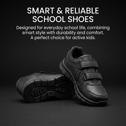 Kids Boys School Shoes Black Twin Strap Touch Fastening Trainers PU Grip Sole