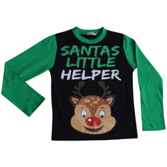 Kids Girls Boys Pyjamas Santas Little Helper Reindeer Contrast Sleeves Xmas PJS