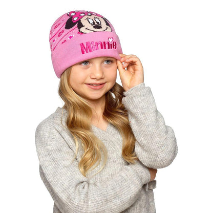 Disney Minnie Mouse Girls Pink Jacquard Knitted Winter Beanie Hat One Size
