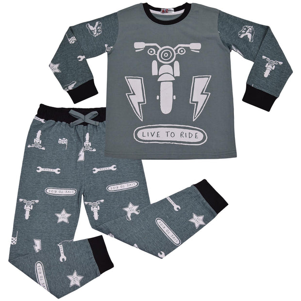 Kids Girls Boys Live to Ride Childrens Pyjamas 2 Piece Cotton PJs Set Nightwear