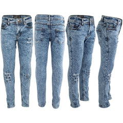 Kids Girls Stretchy Jeans Dark Blue Denim Ripped Tie Dye Print Skinny Jeggings