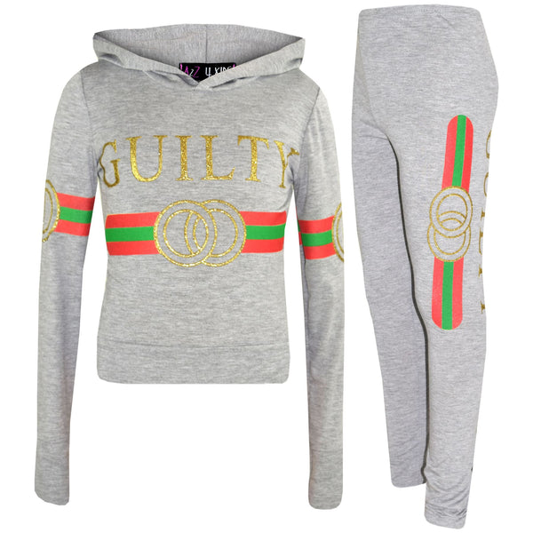 Kids Girls Guilty Print Hooded Crop Top T Shirt Legging Lounge Wear Set 7-13 Yr