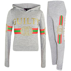 Kids Girls Guilty Print Hooded Crop Top T Shirt Legging Lounge Wear Set 7-13 Yr