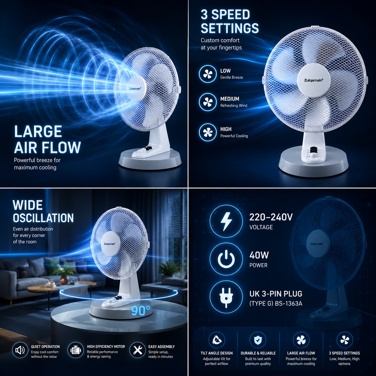 12 Inch Desk Fan with Oscillation 3 Speed Settings Tilt Angle Design Table Fan