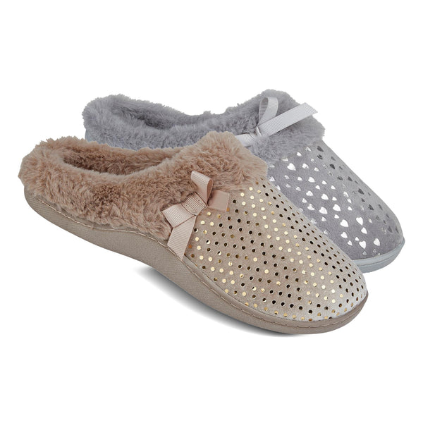 Womens Slipper Memory Foam Fuzzy Ladies Sliders Fur Lined Mule Foil Bow Slippers