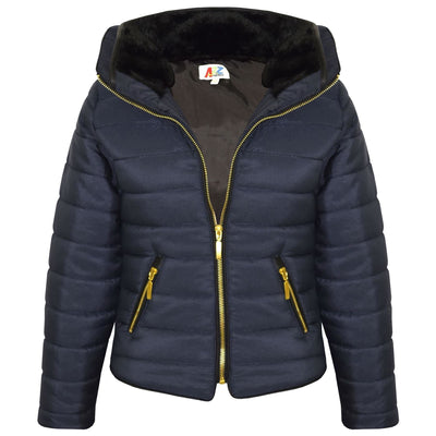 A2Z 4 Kids Jacket Stylish Padded Navy Puffer Bubble Fur Collar Quilted Warm Thick Coat Jackets For Girls New Age 3 4 5 6 7 8 9 10 11 12 13 Years