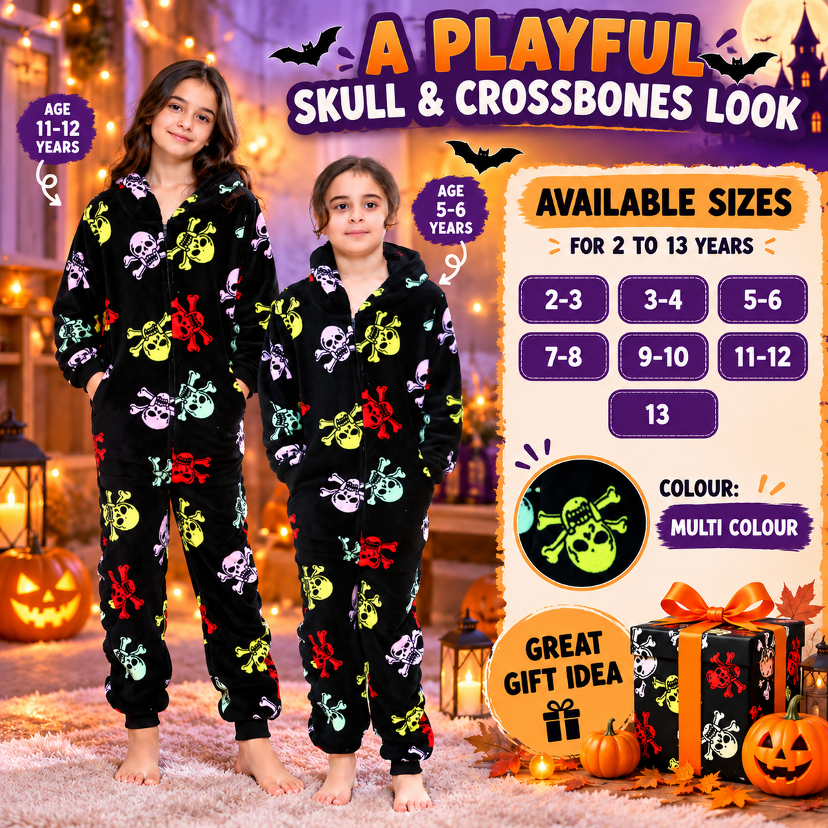 Kids Fun Halloween Skull Bones Print Onesie Pyjama Sets For Girls Boys Jumpsuit
