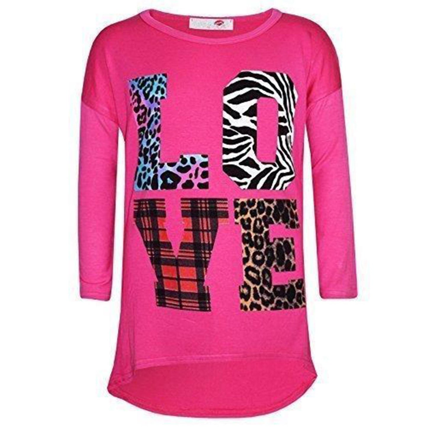 Kids Girls T Shirt LOVE Tartan Zebra Leopard Print Trendy Fashion Top 7-13 Years