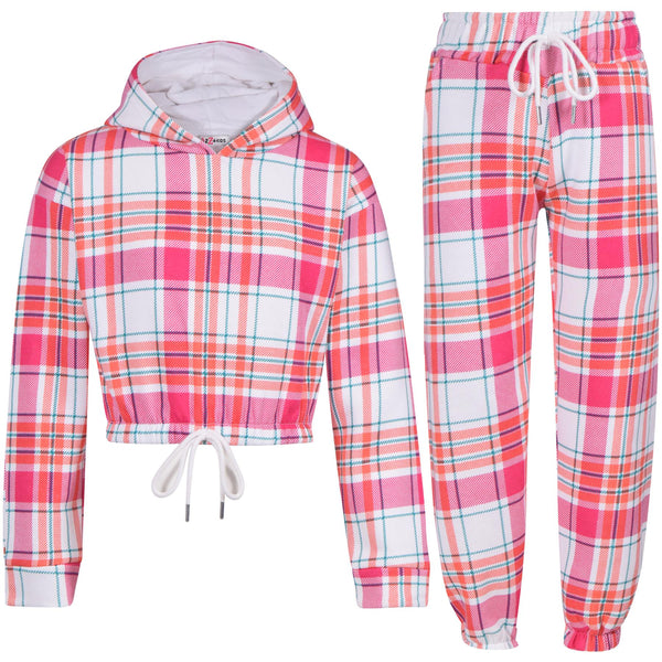 Kids Pink Check Tracksuit Gym Cropped Hoodie Sweatpants Cord Set Girls 5-13 Yr
