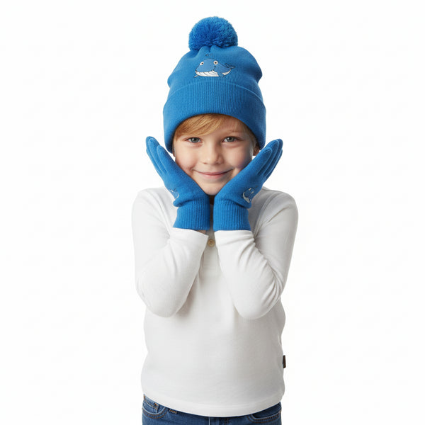 Kids Boys Hat Knitted Bobble Pom Pom Royal Hats Gloves Set Winter Warm Glove Set