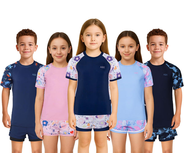 Kids Girls Boys 2PC Rash Guard Swim Set Shorts Suit Quick Dry Swimsuit 2-14 Yrs