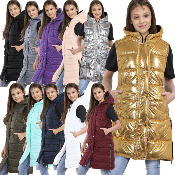Kids Girls Oversized Gilet Long Line Hooded Quilted Jacket Long Sleeveless Coat