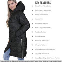 Ladies Adults Long Sleeve Oversized Black Hooded Quilted Padded Coat Jacket