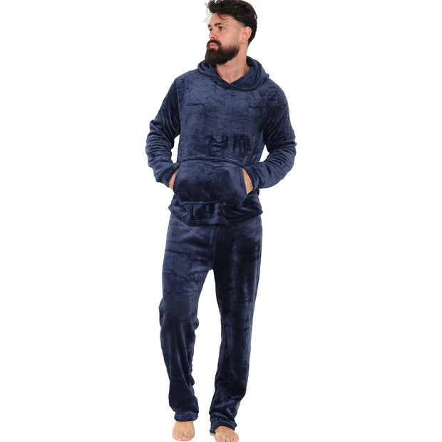 Mens Pyjamas Soft Warm Fleece Adults Hooded Pyjamas 2 Piece Gift Set For Mens