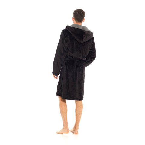 Mens Flannel Fleece Hooded Dressing Gown Sherpa Lined Robe with Belt & Pockets