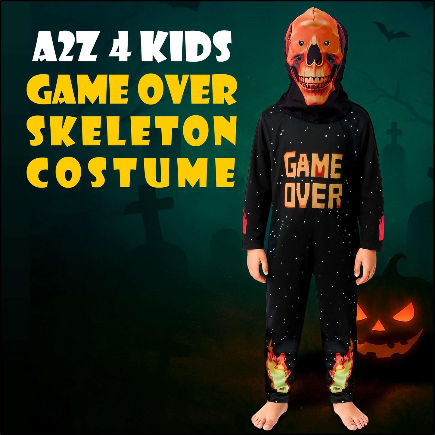 A2Z 4 Kids Game Over Skeleton Costume Halloween Fancy Dress Spooky Gamer Cosplay