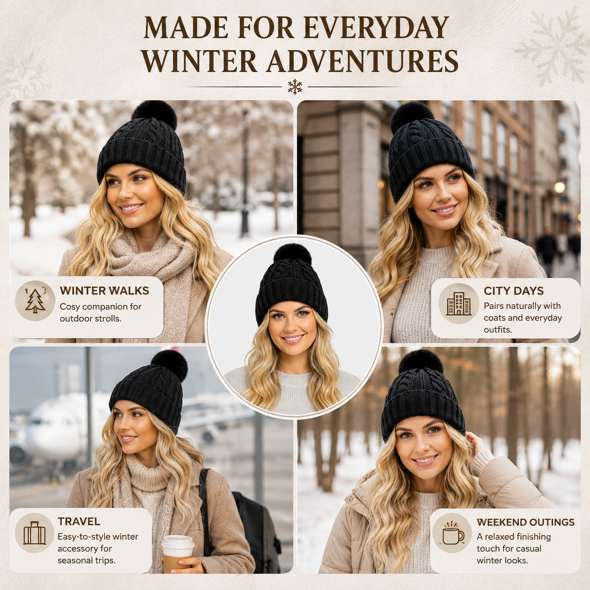 A2Z Ladies Hats Cable Chunky Bobble Knit Pom Pom Winter Warm Cozy Women Caps