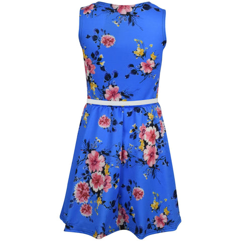 Kids Girls Skater Dress Sleeveless Party Fashion Royal Blue Floral Summer Dress