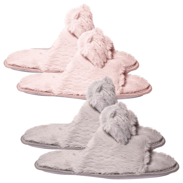 Women Bunny Ear Slippers Fluffy Faux Fur Open Toe Warm Fuzzy Memory Foam Sliders