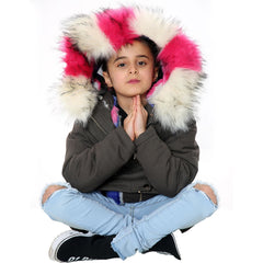 Kids Faux Fur Lined Parka Coat Rainbow Fur Hooded Jacket Girls Boys Age 2-13 Yrs